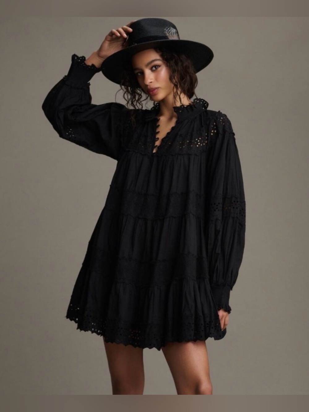 Maeve for Anthropologie Lace  Long-Sleeve  Mini Dress in Black Size Large